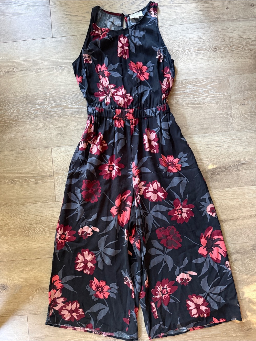 LOFT Cropped Jumpsuit with Red and Pink Floral Print